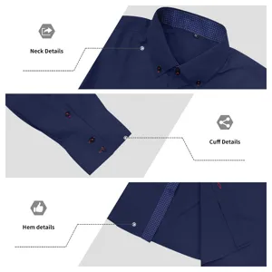 Detailed view of men's long sleeve dress shirt collar cuff and hem in dark blue color.