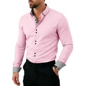 Men's pink long sleeve dress shirt with contrast patterned cuffs and collar, slim fit business casual top.