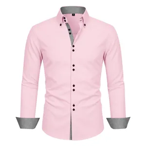 Men's pink long sleeve dress shirt with contrast houndstooth collar and cuffs, casual business style.