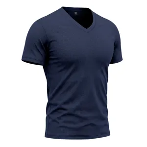 Men's quick dry V-neck mesh short sleeve T-shirt, breathable athletic fitness top for summer.