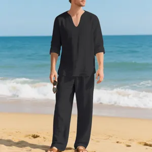 Men's casual linen long sleeve shirt and pants set, perfect for beach and summer daily wear.
