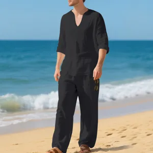 Men's casual long sleeve linen shirt and pants set, loose V-neck beach outfit for autumn.
