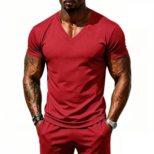 Men's quick-dry breathable V-neck short sleeve fitness athletic t-shirt apparel detail view.
