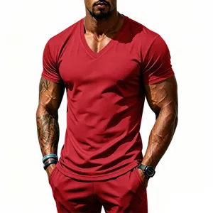Men's quick-dry athletic V-shirt breathable fitness short sleeve top and shorts set
