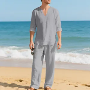Beach linen long sleeve shirt and pants set detail view, casual V-neck design for men.