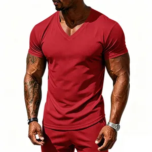 Close-up view of the breathable mesh fabric and V-neck design on the men's fitness sports t-shirt.