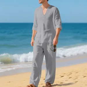 Men's casual linen long-sleeve shirt and pants set, loose beach V-neck two-piece outfit.