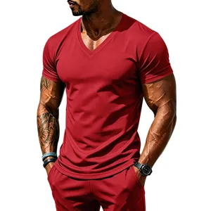 Mens V-neck quick-dry fitness short sleeve t-shirt breathable athletic sportswear red gym