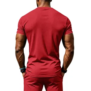 Men's red quick-dry fitness short sleeve T-shirt and shorts set, breathable stretch mesh fabric.