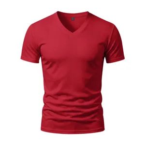 Men's red quick-dry V-neck short sleeve athletic t-shirt, breathable mesh fitness activewear.