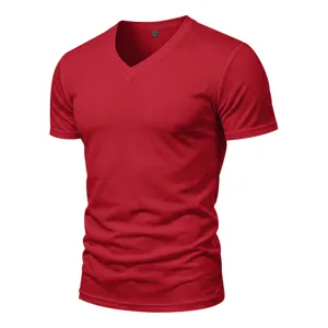 Detailed view of red men's V-neck quick-dry athletic t-shirt, mesh fabric for breathable fitness wear.