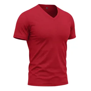 Men's Red V-Neck Mesh Quick-Dry Athletic T-Shirt Breathable Fitness Short Sleeve Top
