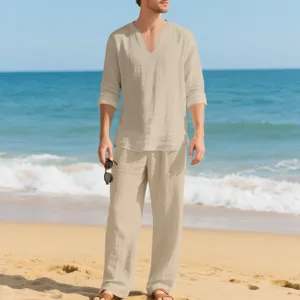 Men's casual linen long sleeve shirt and trousers beach two-piece suit detail view.