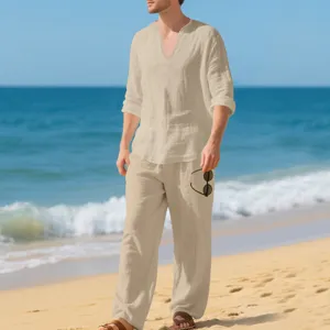 Detail view of men's casual linen beach set, highlighting the V-neck and textured fabric.