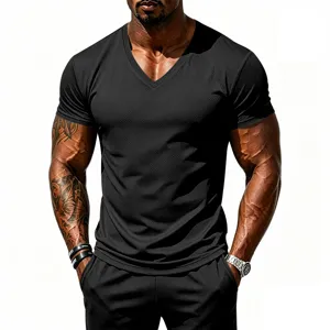 Detailed view of athletic black V-neck t-shirt showing breathable mesh fabric and fit.