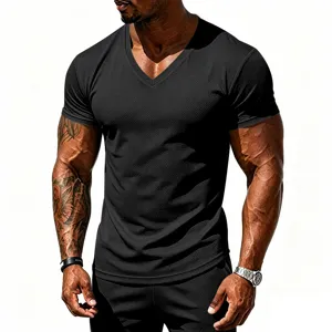 Men's black V-neck quick-dry athletic t-shirt summer breathable mesh fitness short sleeve top