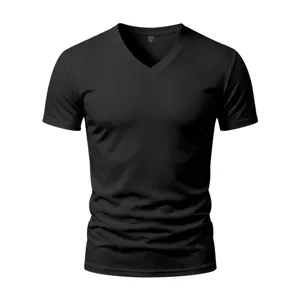 Men's black mesh athletic V-shirt breathable short sleeve dry fit gym sportswear detail