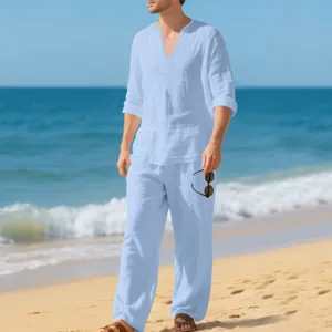 Men's Casual Linen Long Sleeve Shirt and Pants Set Beach V-Neck Two-Piece Outfit