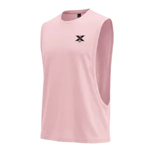 Men pink sleeveless workout tank top loose gym fitness athletic shirt with chest graphic print.