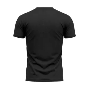 Back view detail of men black quick dry sports mesh t-shirt, breathable fitness activewear.