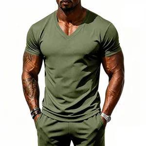 Men's olive green V-neck quick-dry athletic short sleeve t-shirt fitness breathable gym top