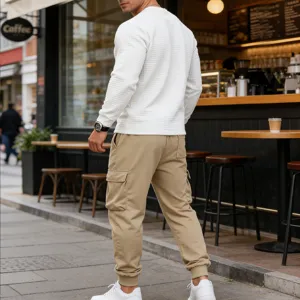 Men's casual waffle long sleeve sweatshirt and cargo pants set, vintage style for autumn daily wear.