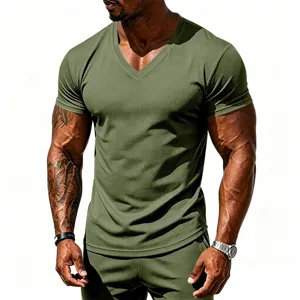 Detailed view of men's quick-drying athletic V-neck mesh T-shirt in military green for fitness.