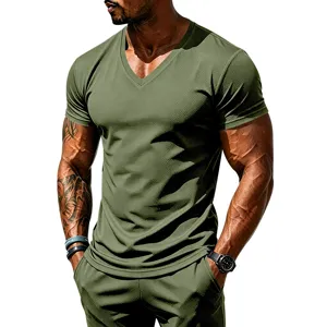 Men's athletic green V-neck short sleeve mesh top detail view, breathable fitness wear.