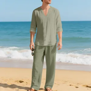 Men linen long sleeve shirt pants set casual beach outfit solid color spring wear