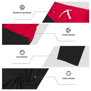 Men color block casual shorts detail view showing waistband pocket and fabric features.