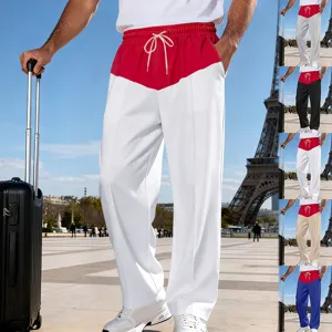 Detail view of men's casual color-block straight leg pants designed for urban street style.