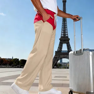 Men's loose fit casual straight leg color block trousers for autumn, high street fashion commute pants.