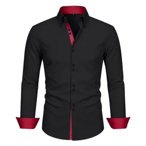 Men's long sleeve black dress shirt with red contrast collar cuffs double button design.