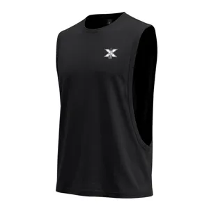 Men's casual black sleeveless athletic fitness tank top with cool chest logo print, size M.