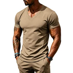 Men's khaki V-neck quick-drying short sleeve sports T-shirt, breathable fitness gym wear.