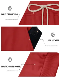 Detailed view of red casual sweatpants featuring waist drawstring, side pockets, and cuffed ankles.