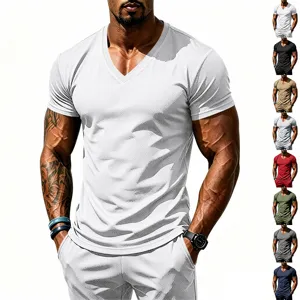 Men's Quick Dry Sports T-Shirt V-Neck Breathable Jacquard Mesh Gym Top Elastic Fitness Tee Summer Casual Top
