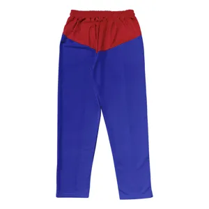 Detailed view of colorblock casual trousers, featuring a relaxed fit and streetwear style.