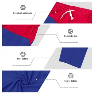 Men casual color block straight trousers detail shot showing waistband pocket and fabric features.