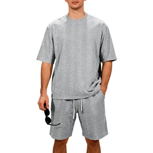 Men casual knit jacquard short sleeve t shirt and shorts streetwear tracksuit outfit set