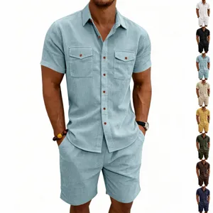 Men's summer outdoor multi-pocket corduroy casual short sleeve shirt and shorts set.