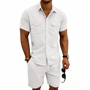 Close-up detail of the men's white corduroy short sleeve shirt and shorts set pocket design.