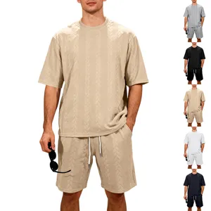 Men's Casual Jacquard Knit Short Sleeve Top And Shorts Set Loose Streetwear Summer Outfit
