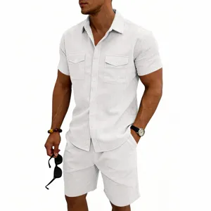 Men's summer casual corduroy short sleeve shirt and shorts two piece outfit set for outdoor