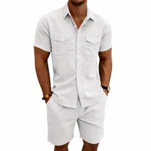 Mens casual summer corduroy short sleeve button up shirt and shorts set white outfit new
