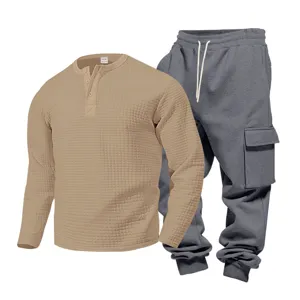 Men long sleeve waffle henley shirt and cargo sweatpants casual two piece set outfit