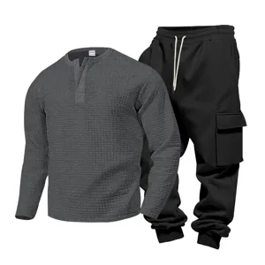 Men's waffle knit Henley shirt and cargo sweatpants set, casual long sleeve outfit for autumn.