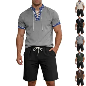 Men's summer casual lace-up henley t-shirt and shorts set with stylish paisley print.