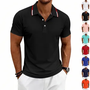 Men short sleeve polo shirt contrast collar detail view showing texture and color options.