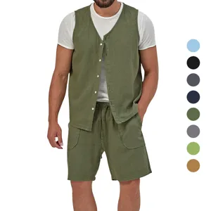 Men casual cotton linen sleeveless vest and shorts two piece set breathable summer outfit